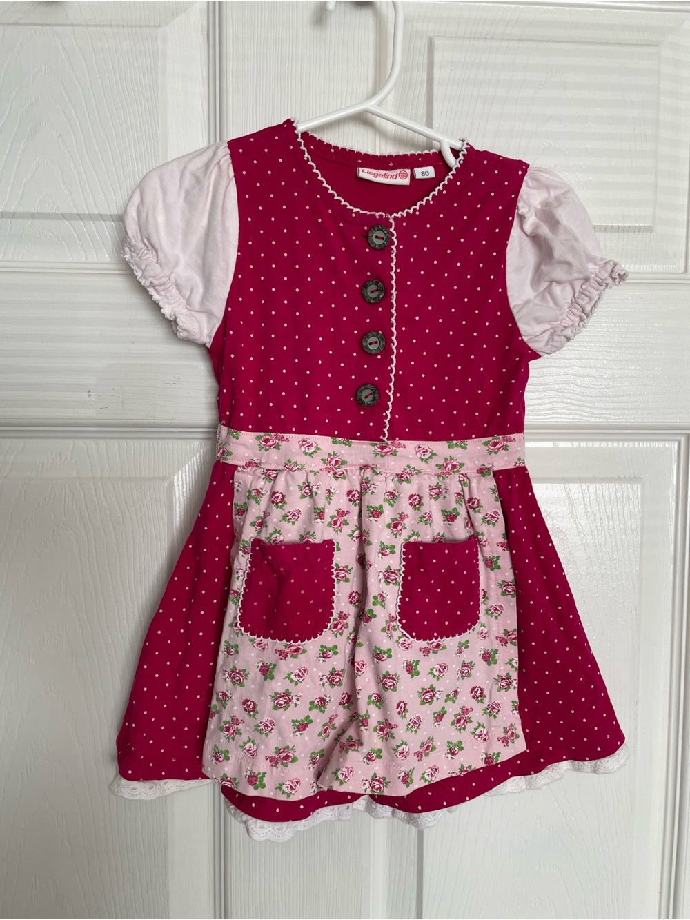 Liegelind Fuchsia and Pink Polka Dot Girls' 12 Months Floral Pocket Dress